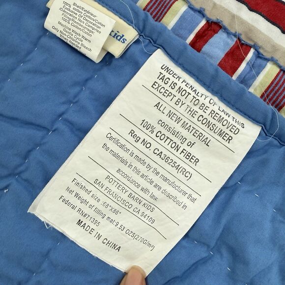 Pottery Barn Kids TWIN 3-Pc Set Quilt Shams Patchwork Stripes Blue Red Cotton - Picture 6 of 13